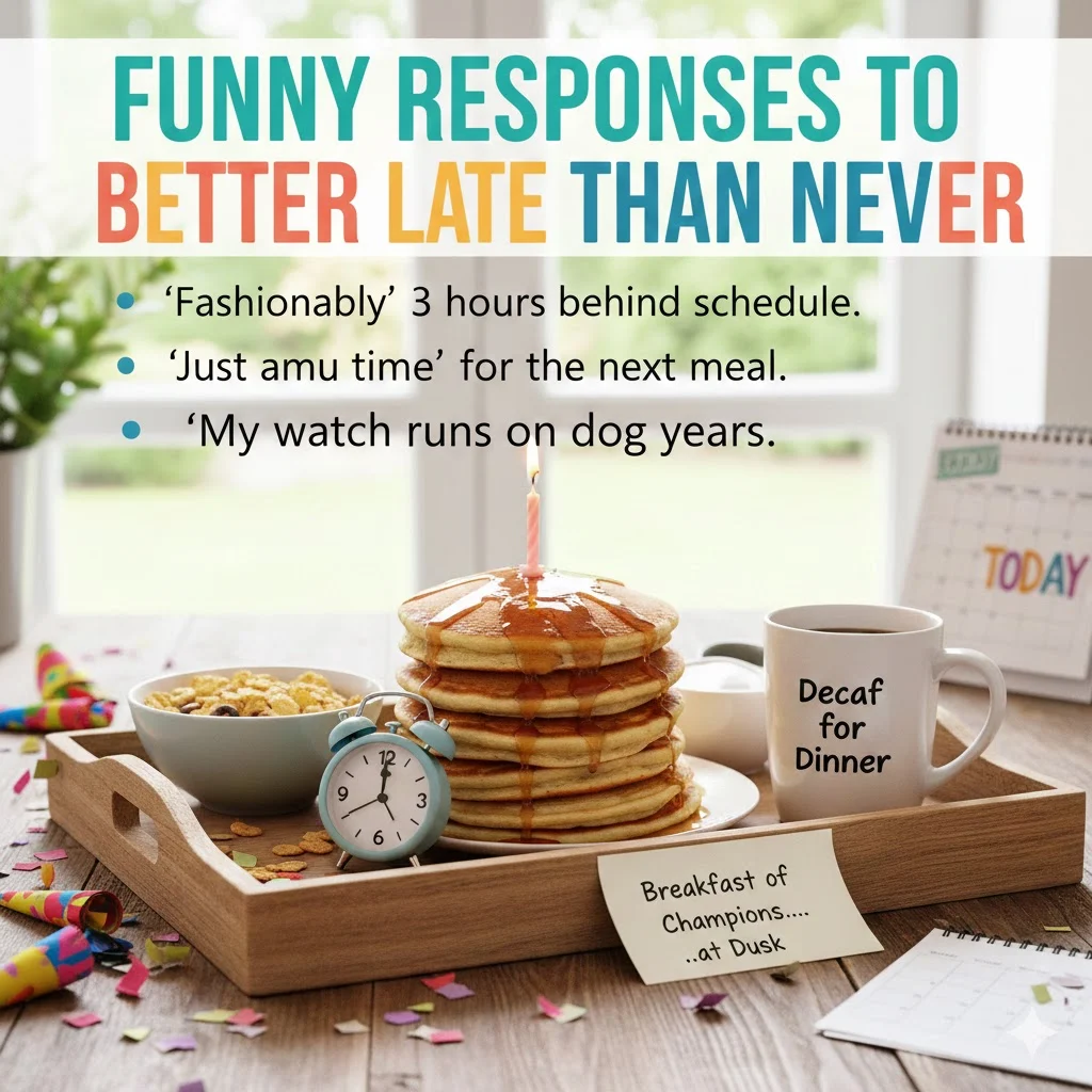 funny responses to better late than never